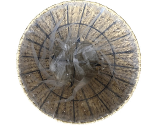 Vue de dessus d''un pot de fleurs rond en matériau tressé avec insert en plastique