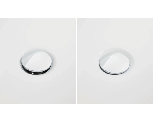 Zwei Waschbeckenstöpsel aus Chrom auf weissem Untergrund