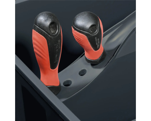 Deux tournevis avec manche en plastique dans une boîte à outils.