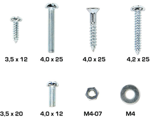 Verschiedene Schrauben, Muttern und eine Unterlegscheibe in diversen Größen.