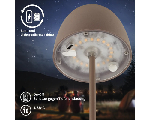 Nahaufnahme einer Pilzleuchte mit austauschbarer Batterie und Lichtquelle, Ein-/Ausschalter und USB-C-Anschluss