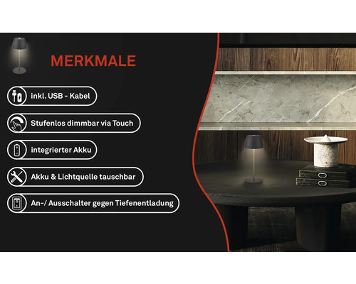 Lampe de table LED sur batterie avec variateur tactile IP44 2,5W 150 lm 2700 K anthracite H 20 cm
