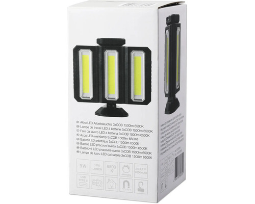 Emballage d''une lampe de travail LED sans fil avec 3xCOB, 1500 lumens et 6500 Kelvin