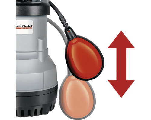 Detail einer Schmutzwasserpumpe mit Schwimmerschalter und Pfeil.