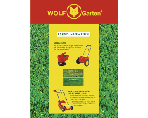 Logo Wolf Garten. Engrais pour gazon plus fer avec épandeurs et scarificateur pour l''entretien du gazon.