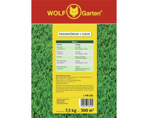 Engrais pour gazon Wolf Garten avec fer, 7,5 kilogrammes pour 300 mètres carrés
