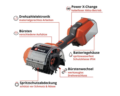 Einhell Power X-Change Akku-Bürstenreiniger mit verschiedenen Bürstenaufsätzen und Spritzschutzabdeckung