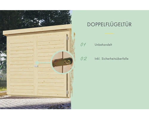 Doppelflügeltür eines unbehandelten Gerätehauses mit Sicherheitsüberfalle