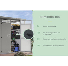 Doppeltür eines Gerätehauses mit Drehriegelschloss und zwei Schlüsseln
