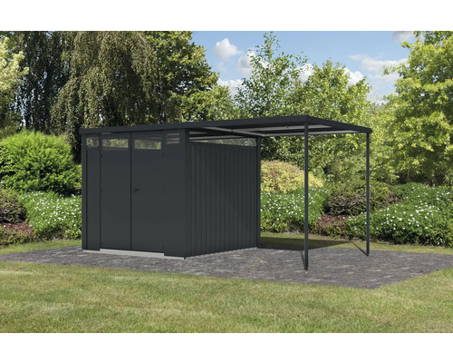 Abri de jardin avec annexe sur pelouse