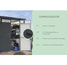 Doppelflügeltür eines Gerätehauses mit Drehriegelschloss und Rahmen aus Aluminium Vierkantrohren