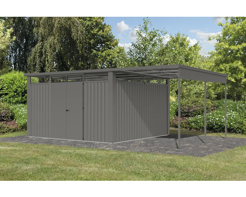 Abri de jardin avec toit à l''extérieur.