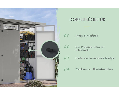 Doppelflügeltür eines Gerätehauses mit Drehriegelschloss