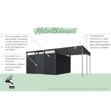Metallgerätehaus mit Trapezblechdach, Stahl Dachleisten, umlaufendem Lichtband und extra hoher Tür