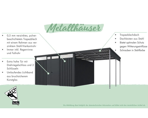 Metallgerätehaus mit Trapezblechdach, Stahl Dachleisten, umlaufendem Lichtband und extra hoher Tür