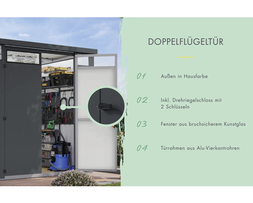 Doppelflügeltür mit Drehriegelschloss und zwei Schlüsseln für Gerätehaus