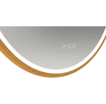 Vue détaillée d''un miroir avec cadre en bois et boutons tactiles pour le fonctionnement