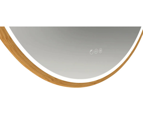 Vue détaillée d''un miroir avec cadre en bois et capteur tactile pour l''éclairage de salle de bain