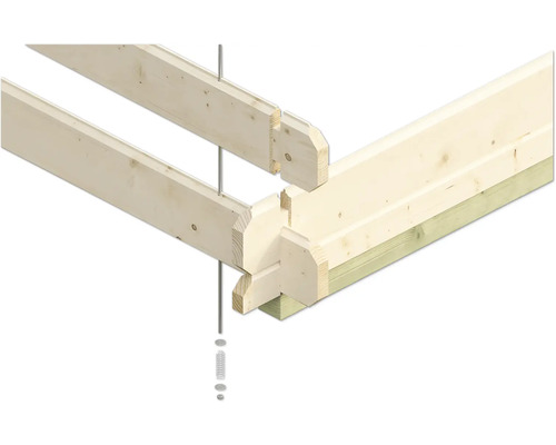 Vue détaillée d''une construction en bois avec des poutres et des éléments de connexion