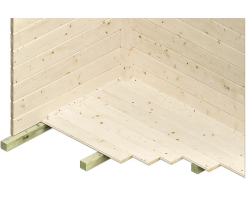 Vue détaillée d''un abri de jardin en construction avec des murs et un plancher en bois