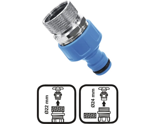 Gartenschlauch-Kupplung aus Metall und Kunststoff mit 22 Millimeter und 24 Millimeter Symbolen