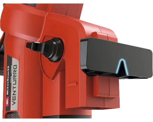 Detailansicht eines rotfarbenen Einhell Venturro Werkzeugs mit schwarzem Zubehör