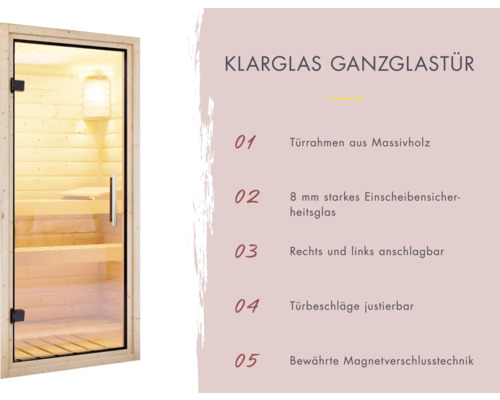 Saunatür aus Klarglas mit massivem Holzrahmen und Sicherheitsglas