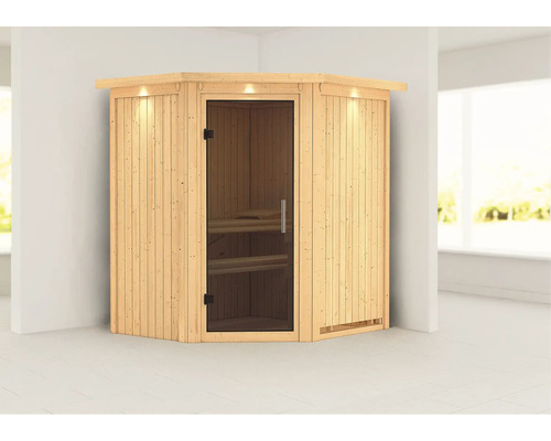 Sauna d''angle en bois avec porte en verre et éclairage intérieur pour l''intérieur