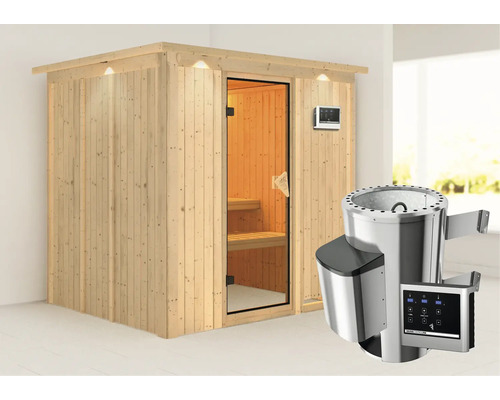 Sauna en bois avec porte en verre et poêle de sauna avec commande