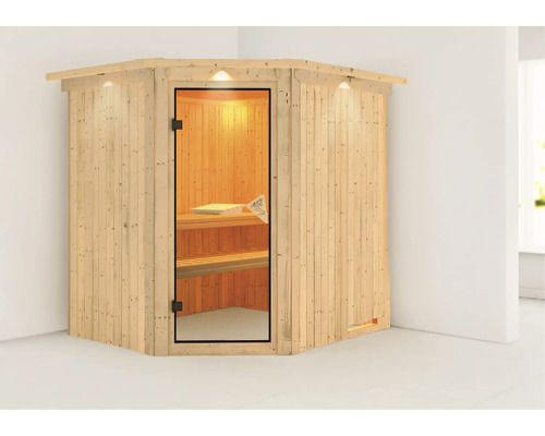 Sauna d''angle en bois avec porte en verre et éclairage intérieur