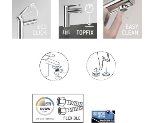 Merkmale einer Armatur: Eco Click Funktion, Topfix System, einfache Reinigung, flexible Schläuche, DIN DVGW Zertifizierung und Kerox Innenleben, hergestellt in der EU.