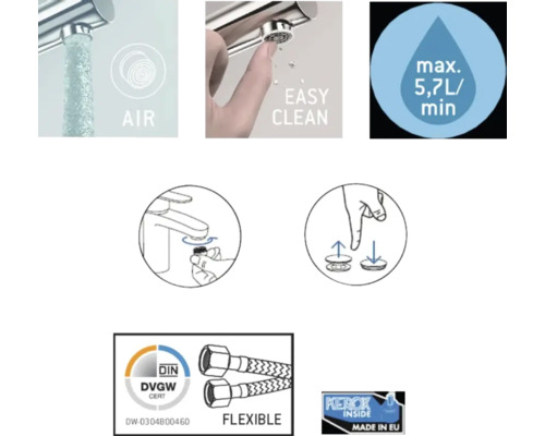 Produktmerkmale: Luft, einfache Reinigung, maximal 5,7 Liter pro Minute, DVGWCERT-Siegel, flexible Schläuche, hergestellt in der EU
