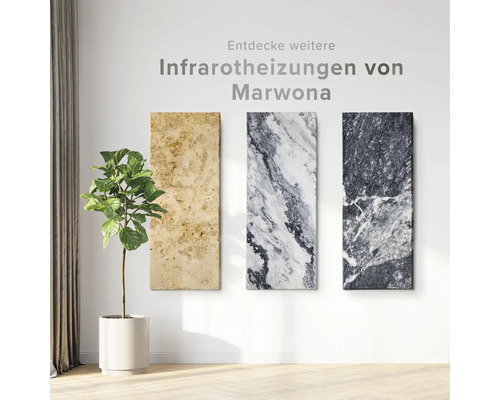 Drei Infrarotheizungen von Marwona mit Marmoroptik an einer weißen Wand