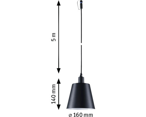 Dimensions d''une suspension : longueur du câble 5 mètres, hauteur de l''abat-jour 140 millimètres, diamètre de l''abat-jour 160 millimètres