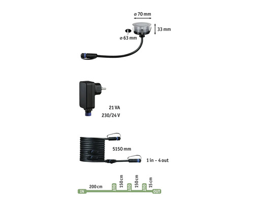 Image d''un câble de raccordement avec répartiteur, transformateur et spot encastrable avec indications de dimensions