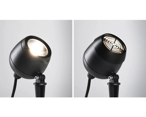 Projecteur de jardin noir avec piquet de terre, deux vues