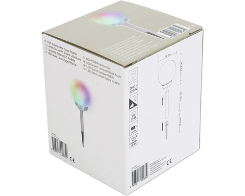 Verpackung einer LED Solarleuchte in Kugelform mit Farbwechsel