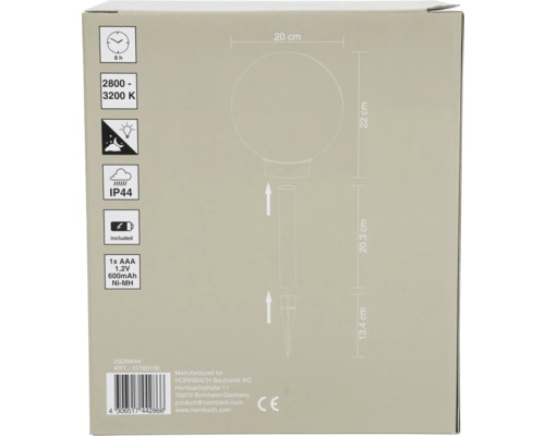 Lampe solaire boule à LED RVBB IP44 avec piquet de terre blanc chaud couleur acier inox blanc Ø 200 mm