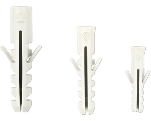 Trois chevilles à expansion en plastique de tailles 10, 8 et 6