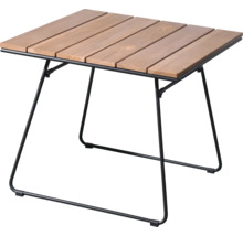 Table carrée avec plateau en bois et structure en métal noir