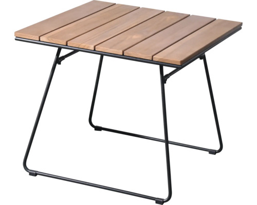 Quadratischer Tisch mit Holzplatte und schwarzem Metallgestell