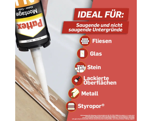 Pattex Montage Kleber für Fliesen, Glas, Stein, lackierte Oberflächen, Metall und Styropor