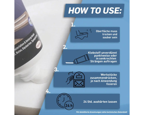 Anleitung zur Verwendung von Klebstoff: Oberfläche reinigen, Klebstoff auftragen, Werkstücke fixieren und 24 Stunden aushärten lassen