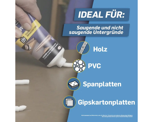 Klebstofftube geeignet für saugende und nicht saugende Untergründe wie Holz, PVC, Spanplatten und Gipskartonplatten.