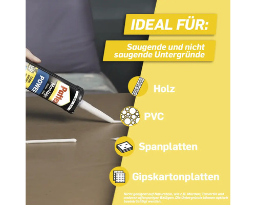 Pattex Montage Power Kleber für saugende und nicht saugende Untergründe wie Holz, PVC, Spanplatten und Gipskartonplatten.