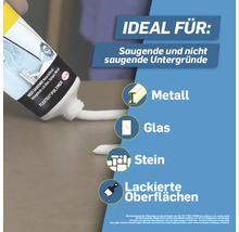 Darstellung von idealen Untergründen für Klebstoffe: Metall, Glas, Stein und lackierte Oberflächen.