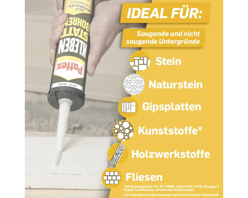 Pattex Kleben statt Bohren Montagekleber geeignet für saugende und nichtsaugende Untergründe wie Stein, Naturstein, Gipsplatten, Kunststoffe, Holzwerkstoffe und Fliesen.