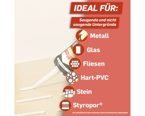 Anwendungsbereiche für Dichtstoffe: Metall, Glas, Fliesen, Hart-PVC, Stein und Styropor