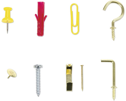 Assortiment de fournitures de bureau et de fixation comprenant des punaises, des chevilles, un trombone, une vis et des crochets