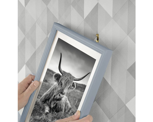 Accrochage d''une photo encadrée en noir et blanc d''un Highland écossais avec un crochet pour tableau